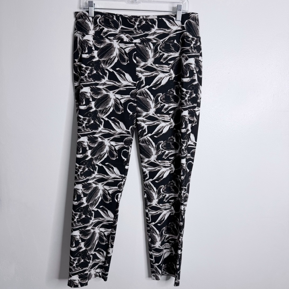 Joseph Ribkoff Women's Black White Floral Pull On Pants 14 Straight Leg‎ Casual